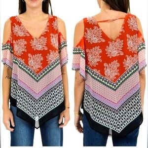 DR2 Daniel Rainn Anthropologie Bandanna Print Cold Shoulder Handkerchief Hem Lg